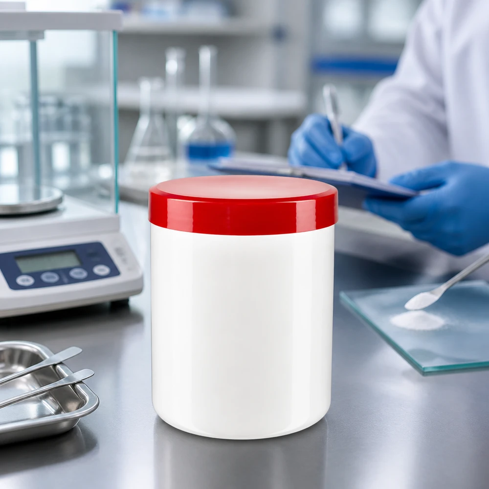 Duży słoik na maść o pojemności 800 g, wykonany z białego polipropylenu (PP), z czerwoną zakrętką, przeznaczony do zastosowań farmaceutycznych