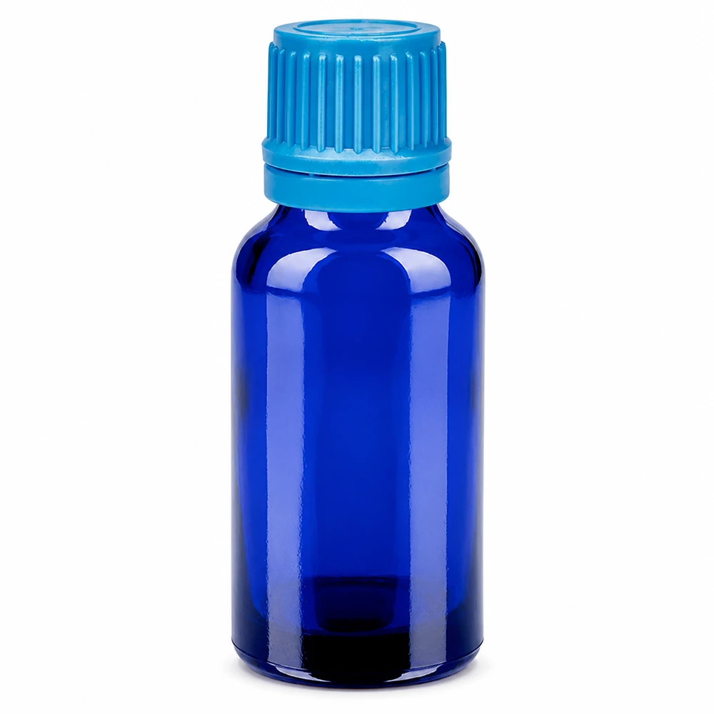 Butelka 20 ml 11 mm SV niebieski OV BlueLine UT18/20 Butelka z niebieskiego szkła o pojemności 20 ml z zakrętką do olejków eterycznych i nalewek