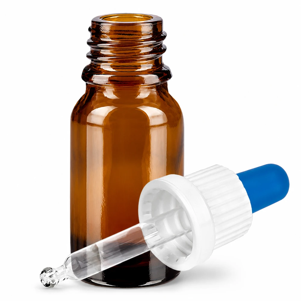 Butelka z pipetą 10 ml biała/niebieska OV BrownLine UT18/10 Butelka z pipetą z bursztynowego szkła o pojemności 10 ml z zakraplaczem do kosmetyków i olejków eterycznych