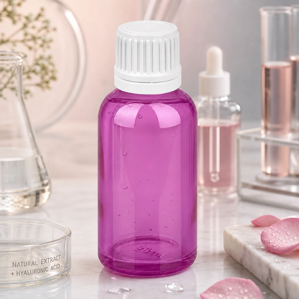 Fioletowa butelka kosmetyczna 30 ml z białą zakrętką do serum i pielęgnacji twarzy