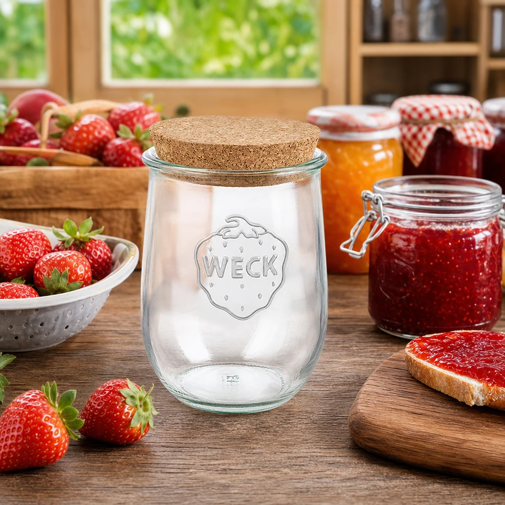 WECK RR100 Słoik Tulipan 1062ml z korkiem Scena kuchenna z truskawkami i domową konfiturą