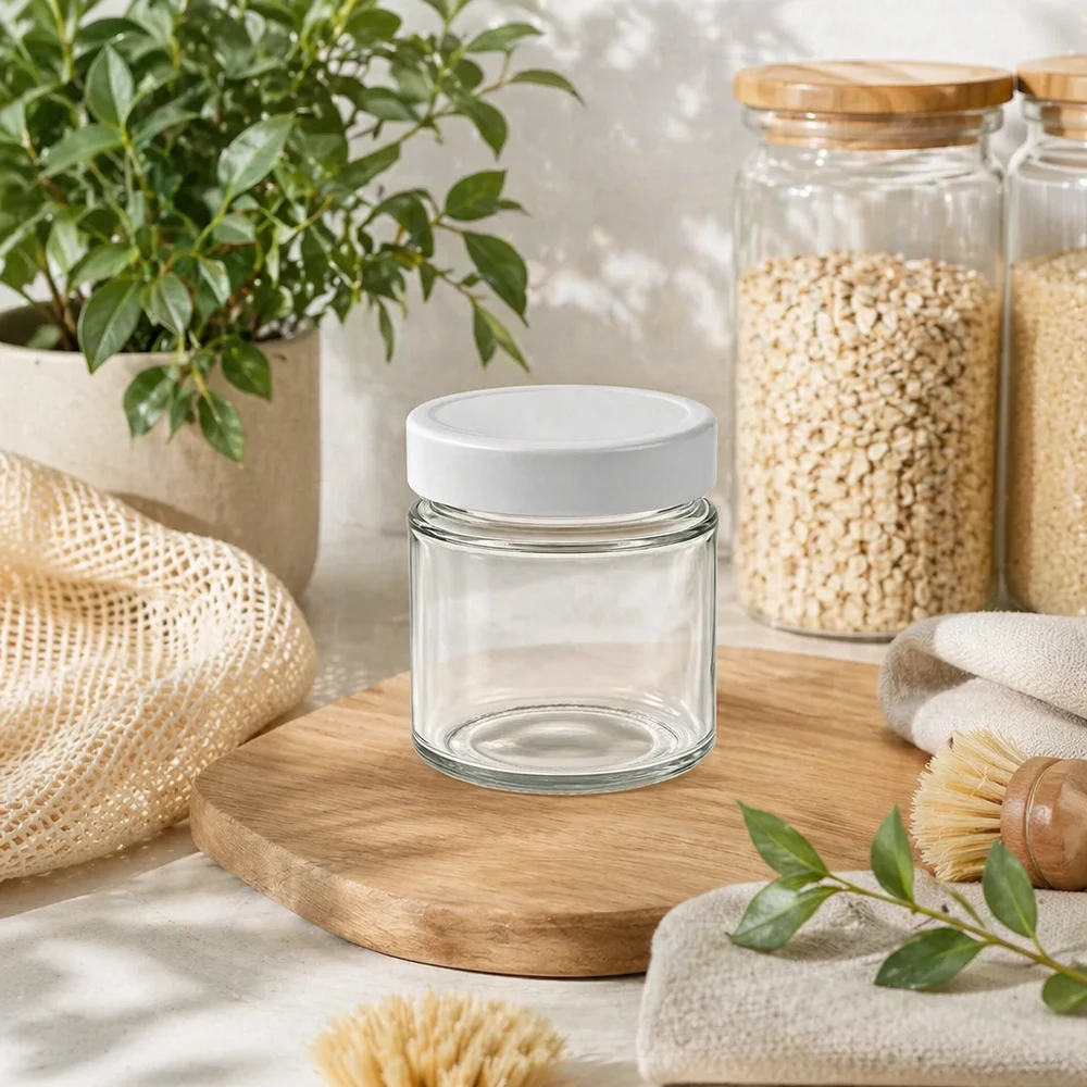 135 ml okrągłe szkło + pokrywka BasicSeal biała deep UN.. 135ml okrągły słoik z pokrywką BasicSeal biały zrównoważony styl życia zero waste bambusowa pokrywka drewniana deska organizacja kuchni