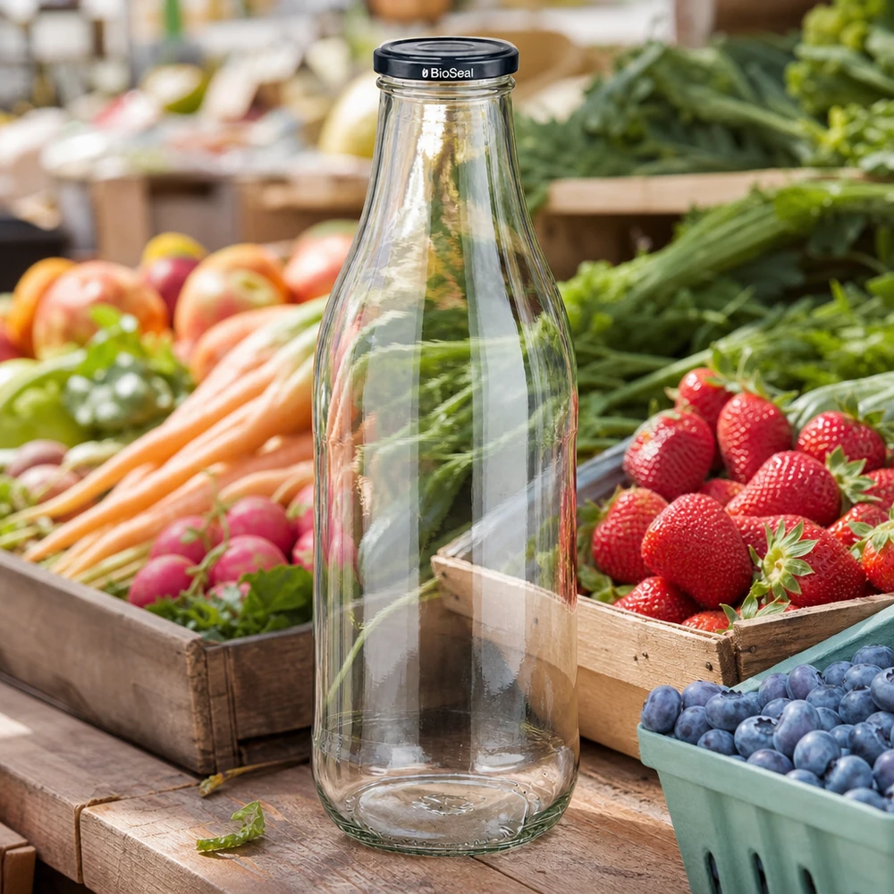 Szklana butelka 1000 ml + pokrywka BioSeal czarna UNiTWIST. Całkowicie szczelna z dużą pokrywką TO48. Do mleka, soków i lemoniady. 1000ml szklana butelka BioSeal wieczko czarny rynek stragan świeże owoce warzywa truskawki borówki zrównoważony rozwój regionalny