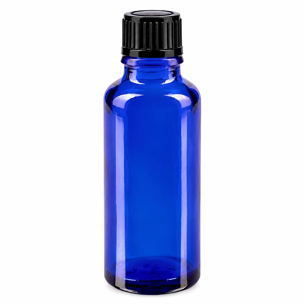 30 ml niebieska szklana buteleczka apteczna z czarnym standardowym zamknięciem 11 mm