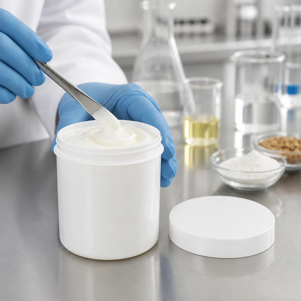 Otwarty biały słoik na maść o pojemności 250 g z kremową zawartością oraz akcesoria laboratoryjne w tle