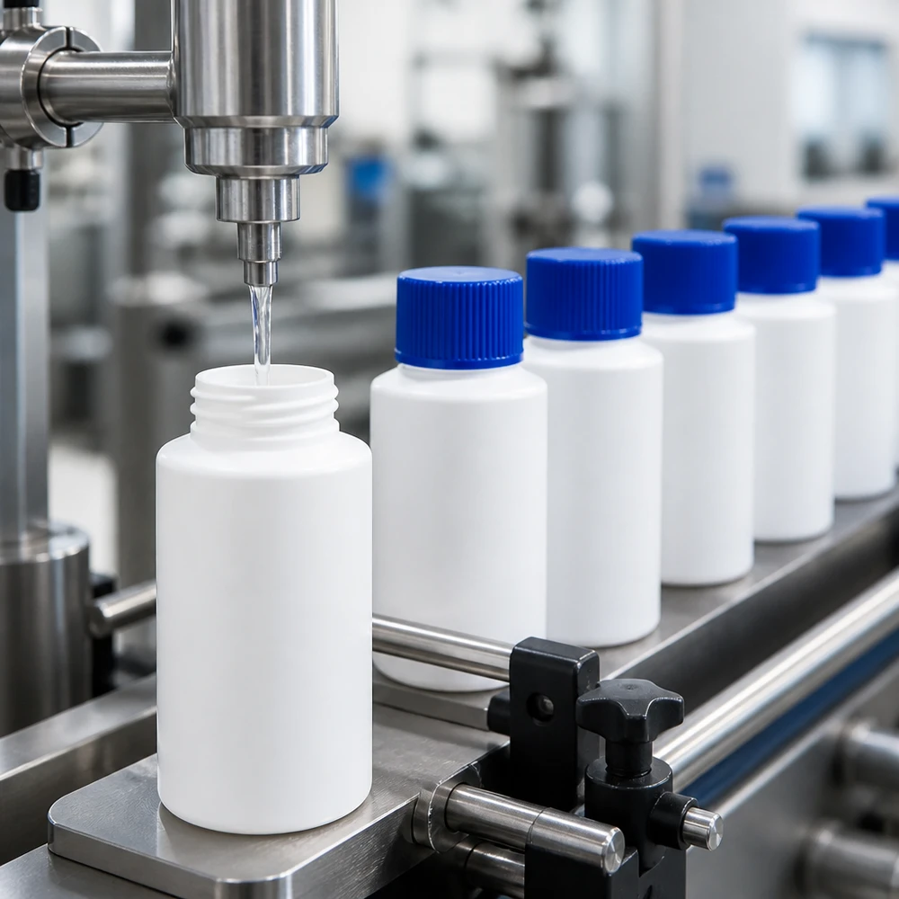 Automatyczne napełnianie białych butelek aptecznych z HDPE o pojemności 30 ml z niebieską zakrętką