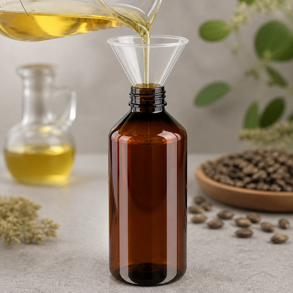 Brązowa butelka PET o pojemności 1000 ml podczas napełniania żółtym olejem za pomocą lejka