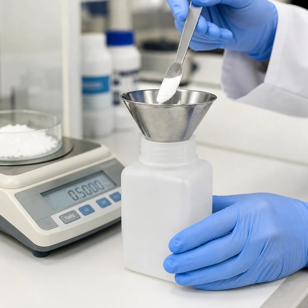 Butelka na chemikalia 1000 ml, szeroka szyjka z PE-HD, kolor naturalny Technik laboratoryjny wsypuje biały proszek przez lejek do butelki na chemikalia z PE-HD o pojemności 1000 ml i szerokiej szyjce