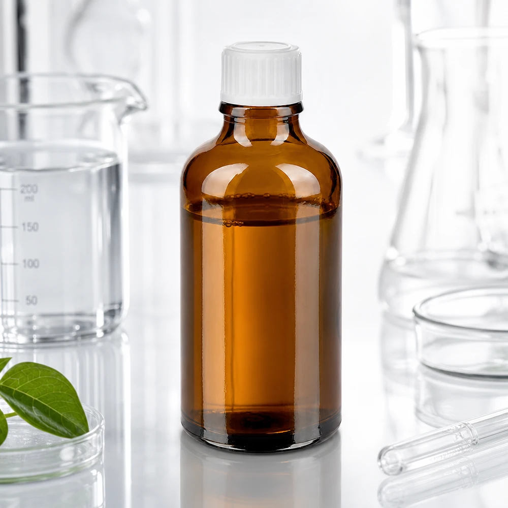 Butelka z brązowego szkła o pojemności 50 ml z białym standardowym zamknięciem w profesjonalnym środowisku laboratoryjnym