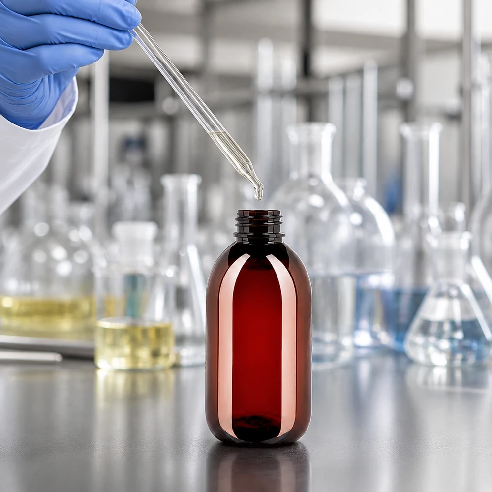 Mała butelka PET o pojemności 250 ml w kolorze bursztynowym w profesjonalnym laboratorium z kolbą szklaną