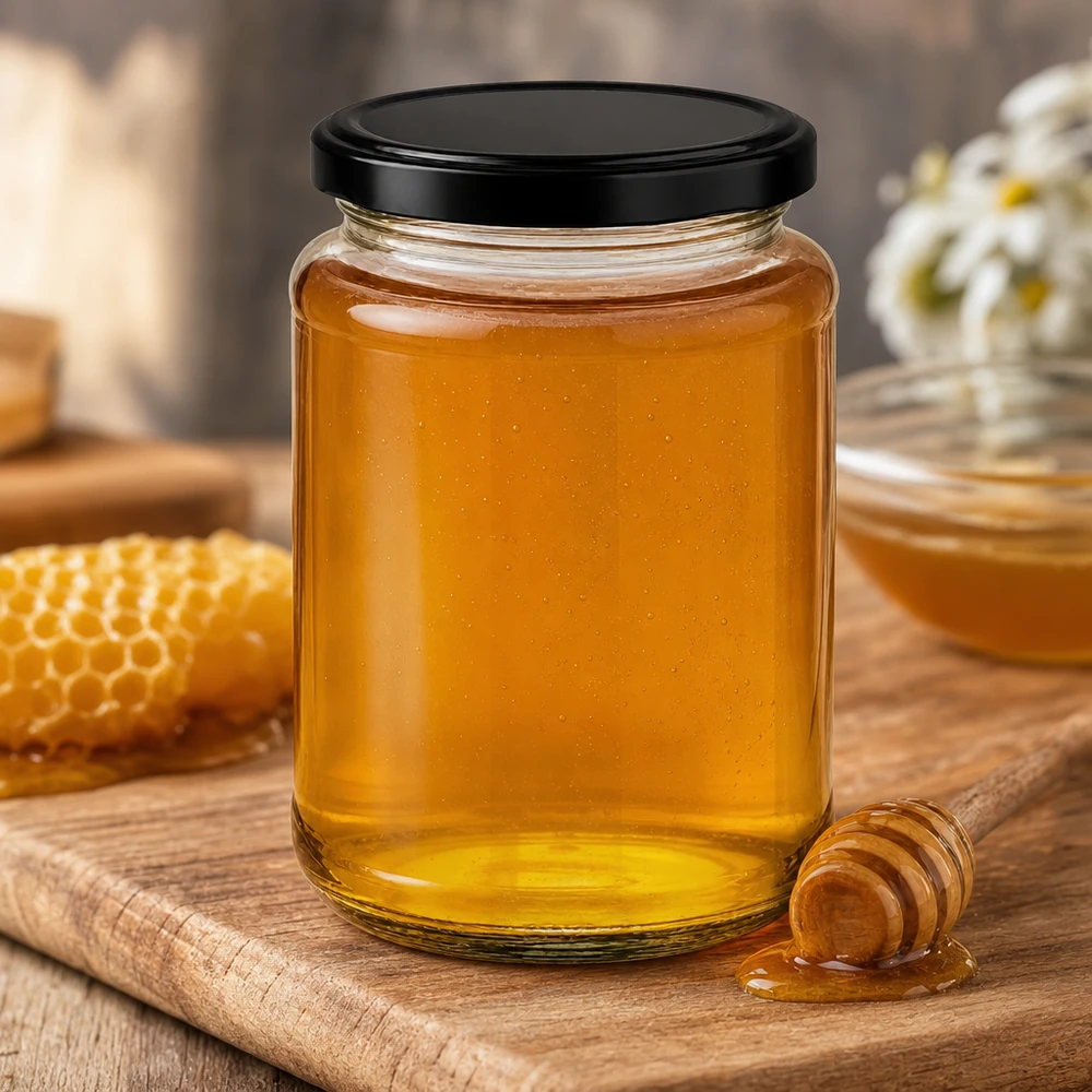 382ml okrągły słoik BasicSeal czarny rustykalny drewniany wygląd z miodarką tradycyjny produkt naturalny pszczelarski