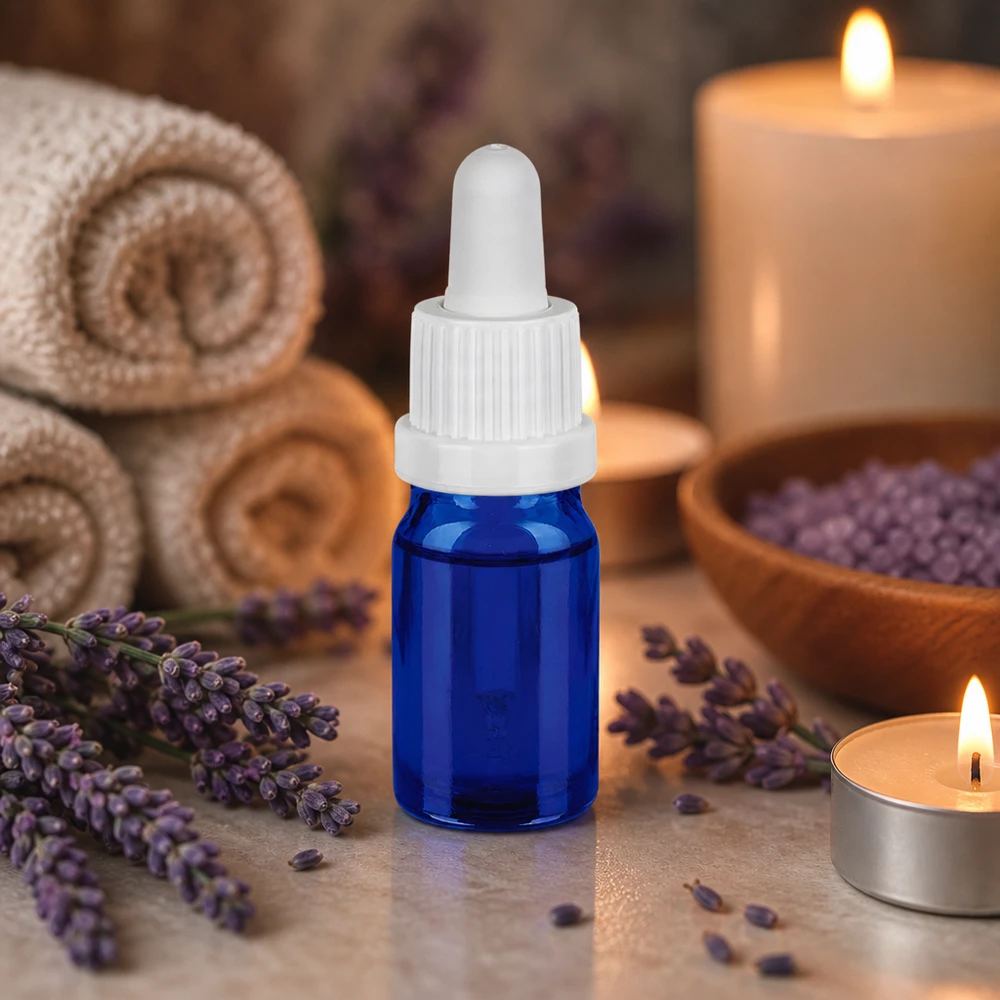 Praktyczna butelka z pipetą o pojemności 5 ml i białą pipetą, idealna do zastosowań w aromaterapii i odnowie biologicznej.