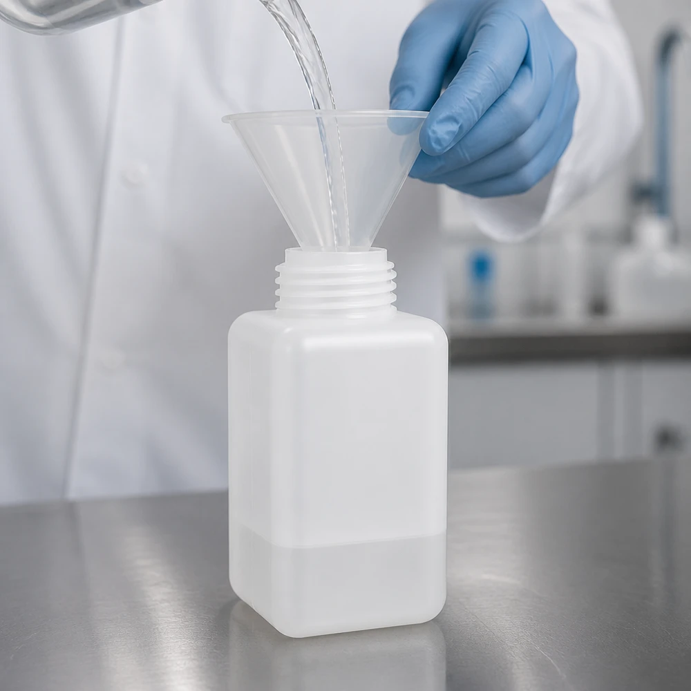 Butelka na chemikalia 1000 ml, wąska szyjka z PE-HD, kolor naturalny Butelka na chemikalia o pojemności 1000 ml, z polietylenu wysokogęstościowego (PE-HD), z wąską szyjką, w kolorze naturalnym, z lejkiem do napełniania w laboratorium czystym