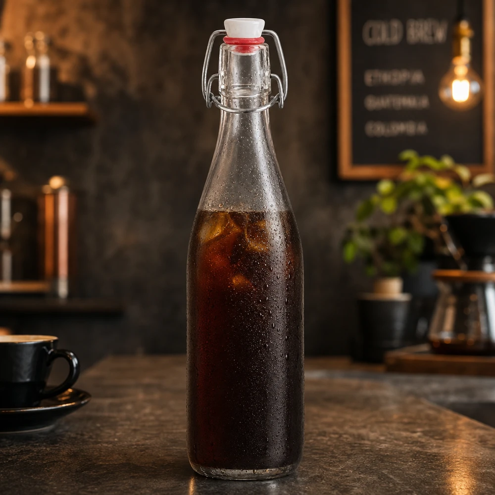 Szklana butelka o pojemności 500 ml z uchylnym wieczkiem wypełniona kawą parzoną na zimno w rustykalnej kawiarnianej atmosferze.