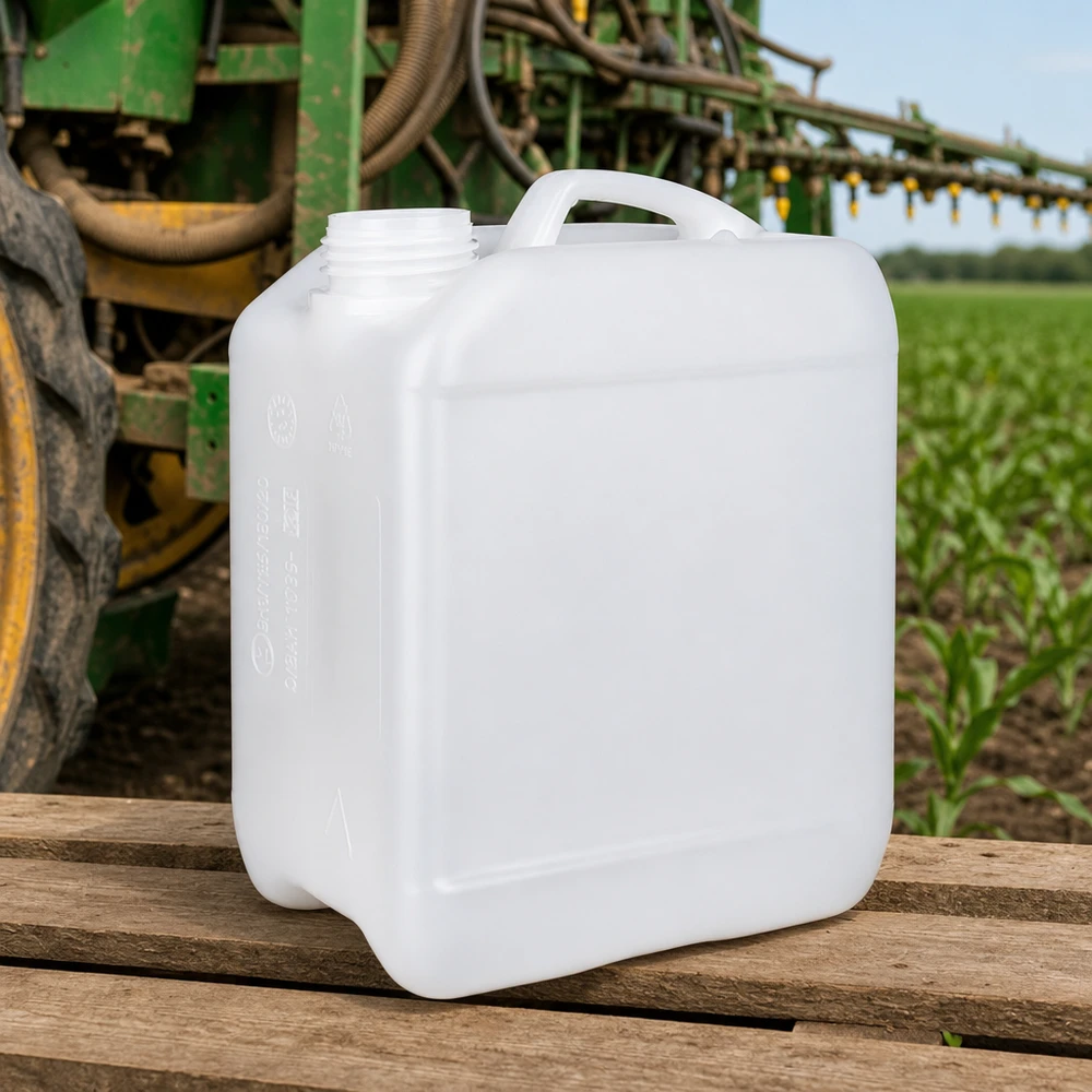 Kanister 2,5 litra bez korka Biały kanister o pojemności 2,5 litra bez zamknięcia, umieszczony na drewnianej palecie przed opryskiwaczem polowym John Deere