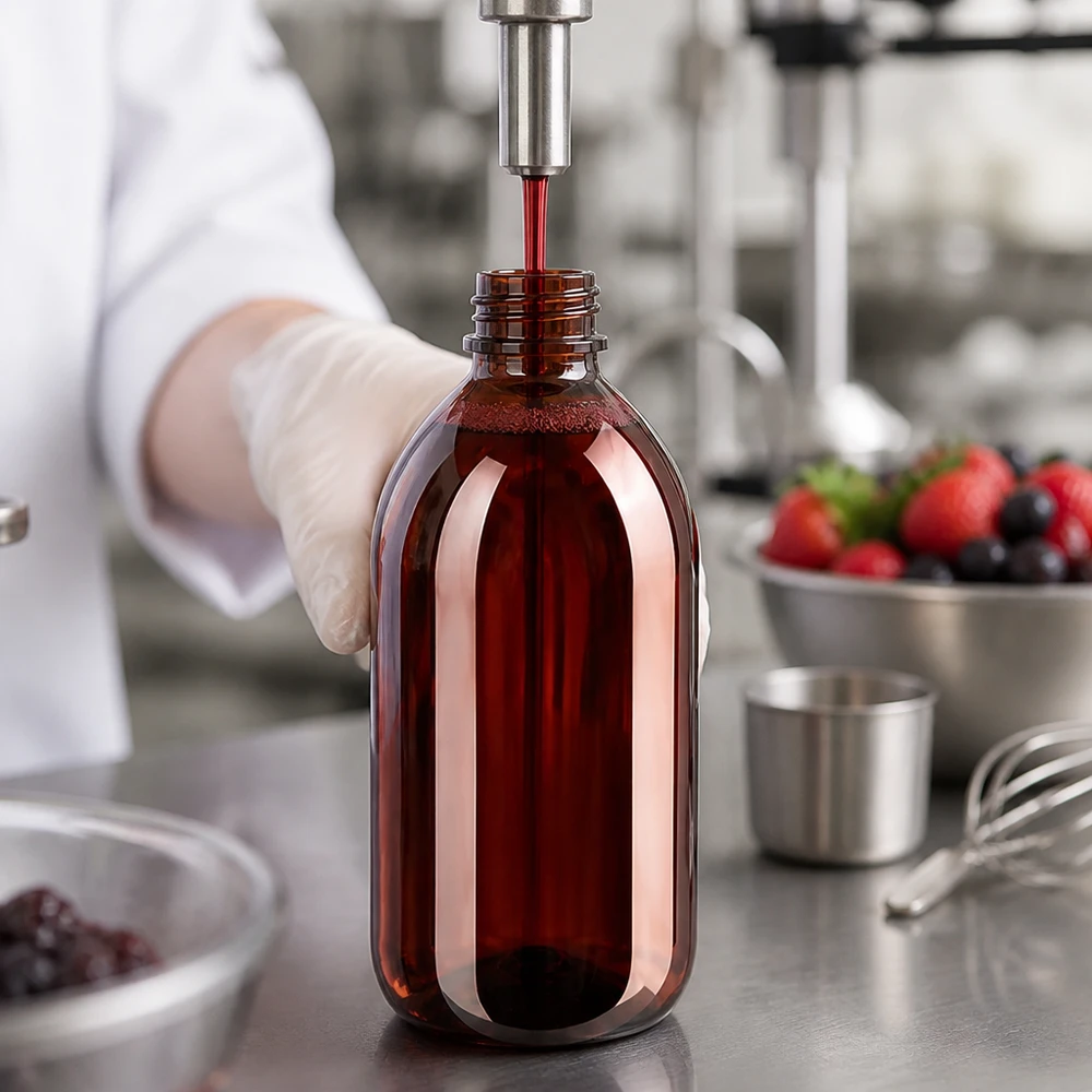 Professionelle Abfüllung von rotem Fruchtextrakt in braune 250ml PET Flasche mit OV