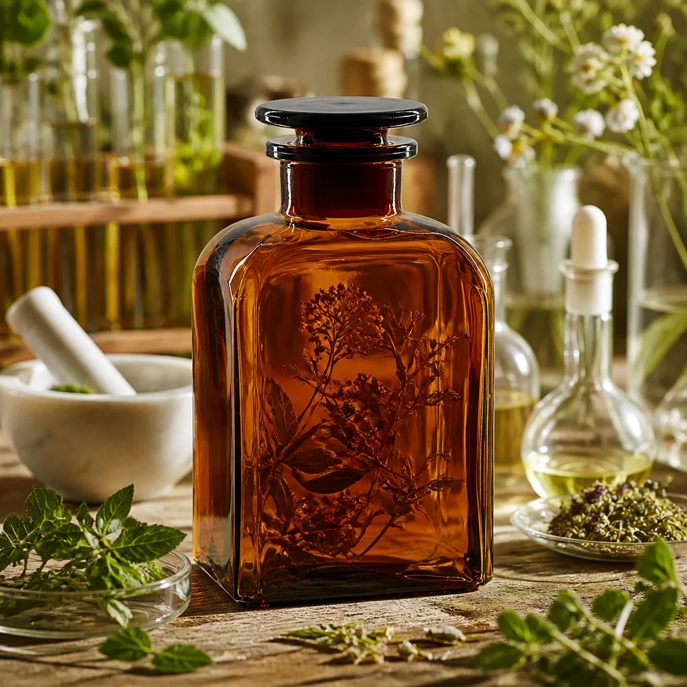 Kwadratowa butelka 500 ml z brązową szeroką szyjką i szklanym korkiem Brązowa butelka kwadratowa o pojemności 500 ml z szeroką szyjką i szklanym korkiem, przeznaczona do olejków ziołowych i nalewek