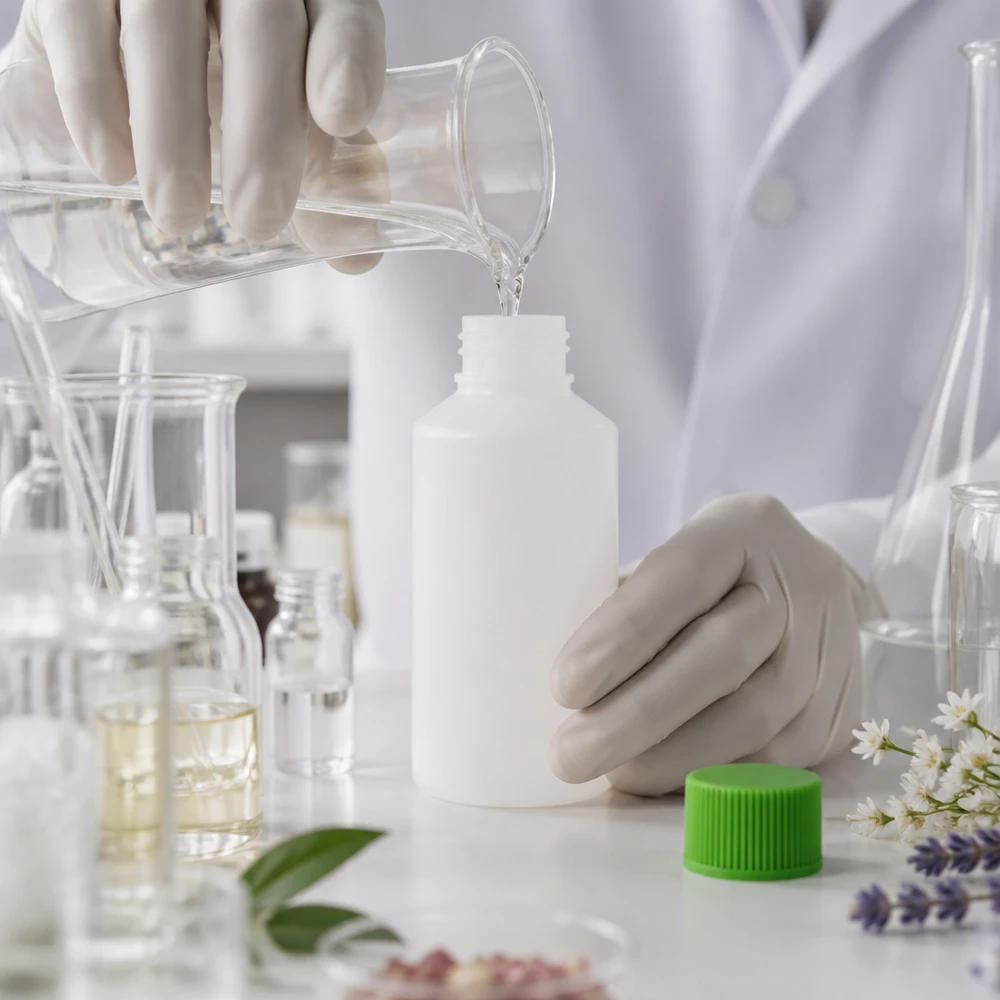 Badacz napełnia białą butelkę aptekarską o pojemności 50 ml, wykonaną z HDPE, przezroczystym płynem i zakręca ją zieloną nakrętką