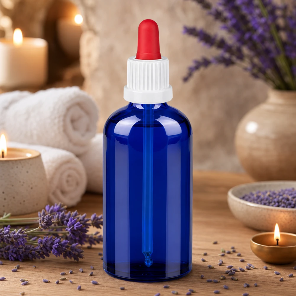 Wysokiej jakości butelka z pipetą o pojemności 100 ml w eleganckim niebieskim kolorze z praktycznym systemem kroplowym do aromaterapii