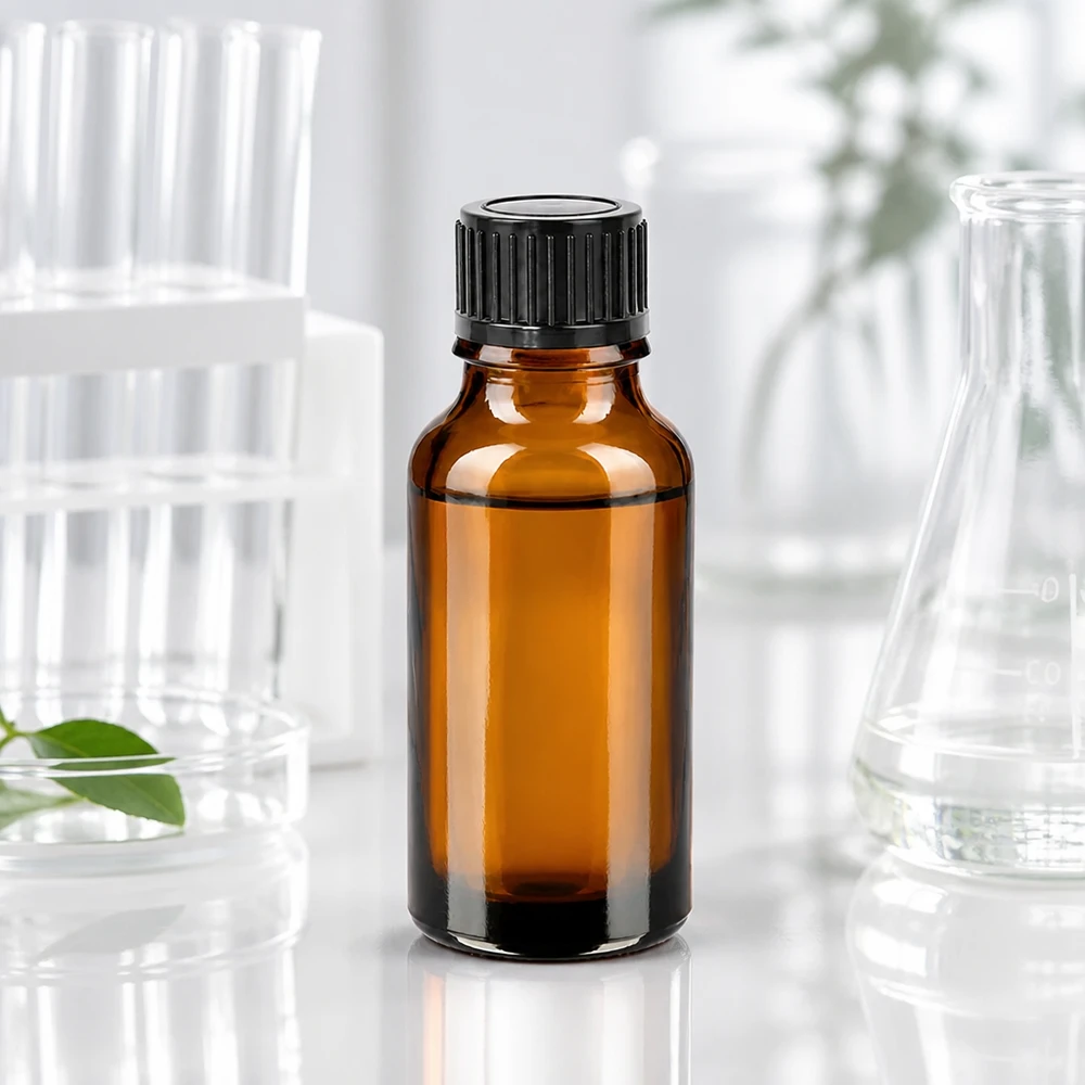 Kompaktowa szklana butelka BrownLine o pojemności 20 ml z czarną zakrętką do zastosowań laboratoryjnych