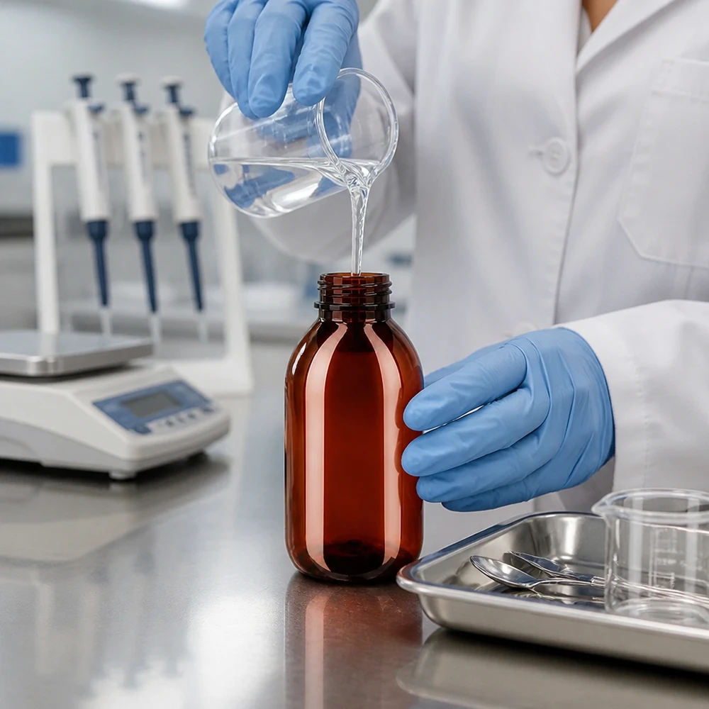 Apothekengerechte braune Kunststoffflasche 250ml mit OV-Verschluss und Dosierhilfe im Einsatz