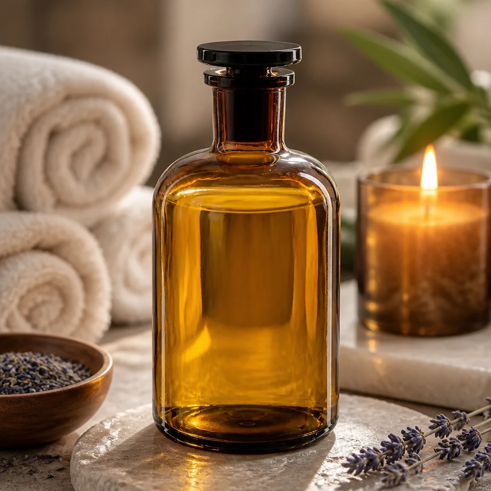 Spa Ambiente – brązowa butelka z zaokrąglonymi ramionami, 500 ml, wąska szyjka, szklany korek, do przechowywania olejków zapachowych