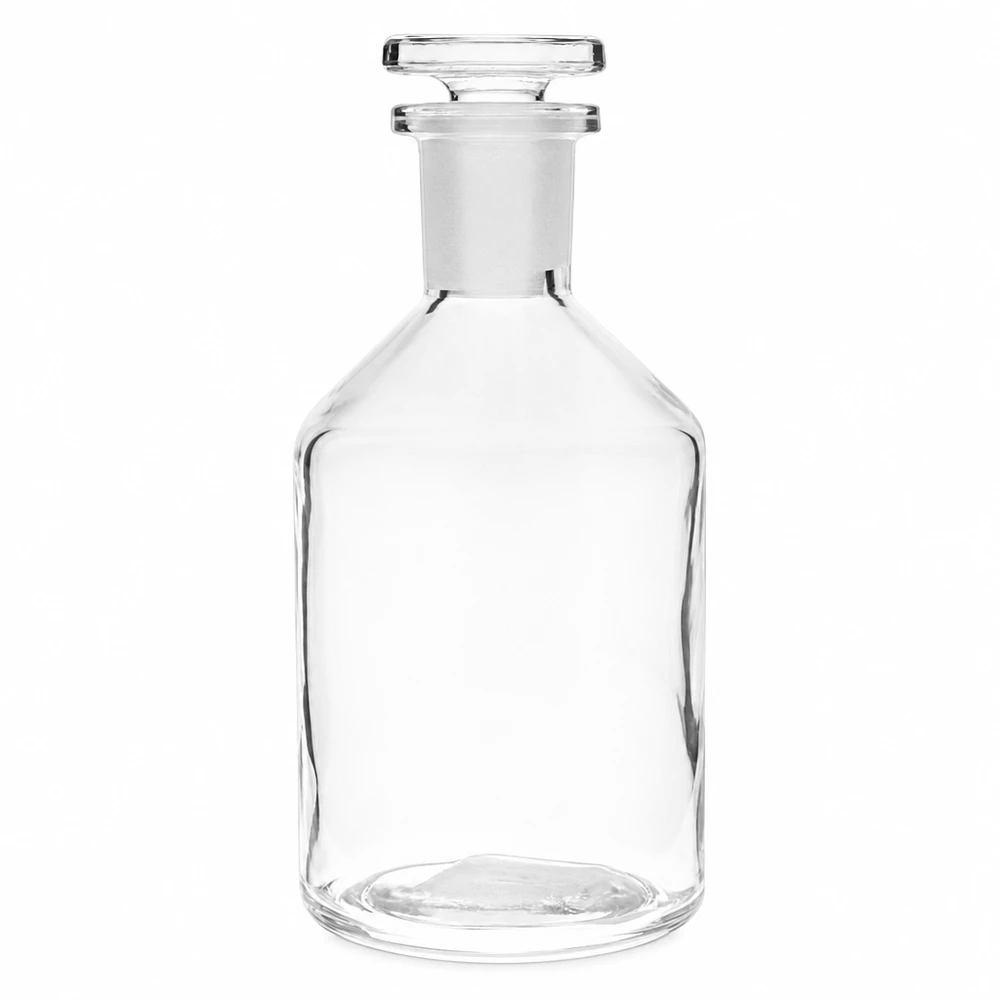 Butelka z wąską szyjką i przezroczystym korkiem o pojemności 50 ml Przezroczysta butelka typu „Enghals” o stromej szyjce i wypukłym brzuchu, pojemność 50 ml, z szlifowanym korkiem szklanym
