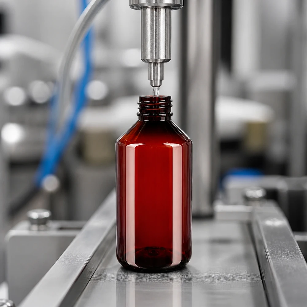 Butelka PET 750 ml z białym zamknięciem typu flip-top. Automatyczna linia rozlewnicza napełnia brązowe butelki PET o pojemności 750 ml na przenośniku taśmowym