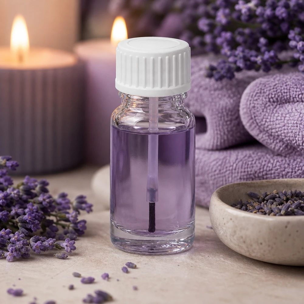 Butelka z pędzelkiem 10 ml biała STD ClearLine UT18/10 Przezroczysta buteleczka z pędzelkiem o pojemności 10 ml z białą nakrętką, wypełniona fioletowym płynem na tle marmurowym