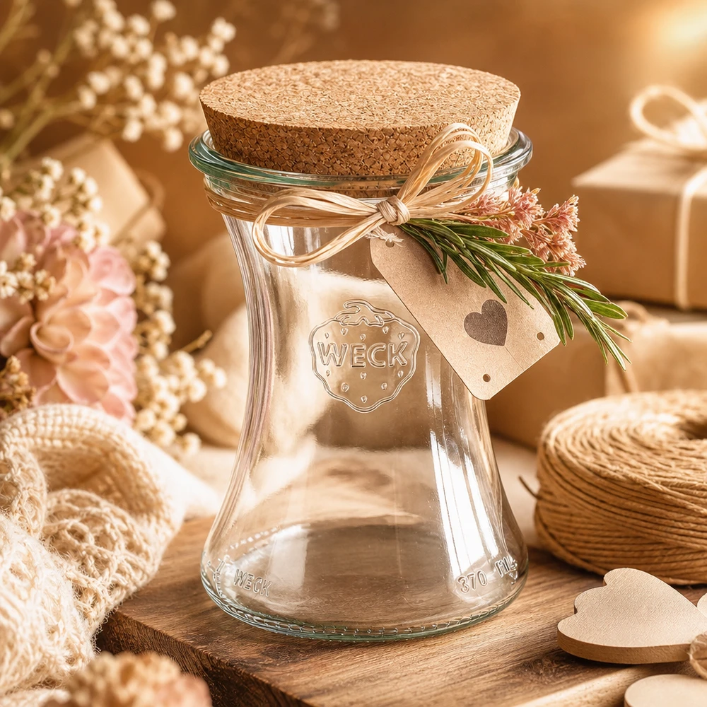 Słoik delikatesowy 370ml WECK RR80 z korkiem naturalny Słoik delikatesowy WECK 370ml RR80 z korkową pokrywką jako opakowanie prezentowe z kokardką i zawieszką w kształcie serca