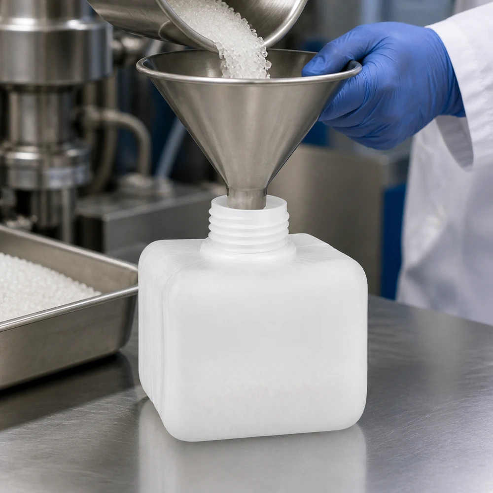 Butelka na chemikalia o pojemności 250 ml, wykonana z PE-HD, z wąską szyjką i gwintem GL28, jest napełniana granulatem za pomocą leja ze stali nierdzewnej