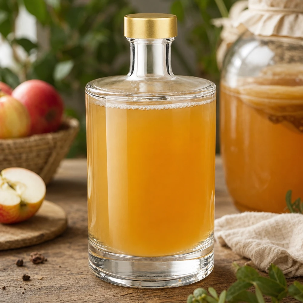 500ml szklana butelka Sam wypełniona sokiem jabłkowym złoty korek UNiTWIST rustykalna jabłkowa dekoracja drewniany stół