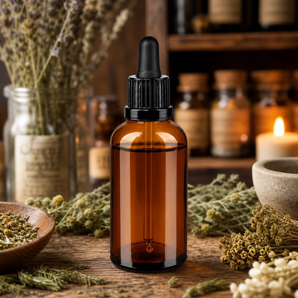 50 ml butelka z pipetą, czarna OV BrownLine UT18/50 Butelka z bursztynowego szkła o pojemności 50 ml z zakraplaczem OV BrownLine UT18/50 do kosmetyków i naturoterapii