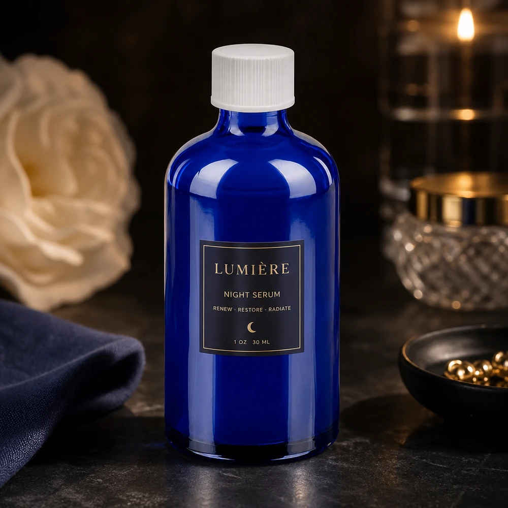 Butelka 100 ml 11 mm SV biała STD BlueLine UT18/100 Szklana butelka Premium BlueLine 100 ml z ochroną UV i białą standardową zakrętką do serum