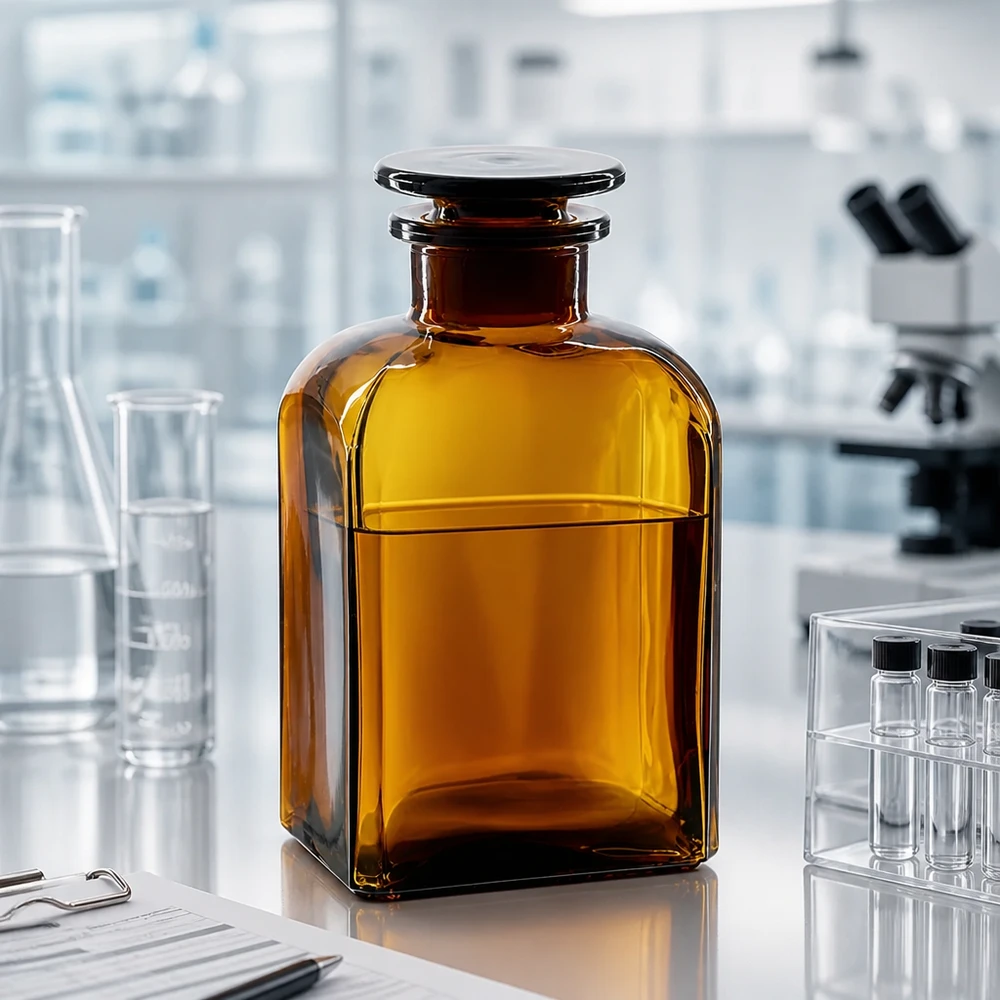 Kwadratowa butelka 500 ml z brązową szeroką szyjką i szklanym korkiem Brązowa butelka chroniąca przed światłem o pojemności 500 ml, wykonana ze szkła borokrzemowego, z szeroką szyjką i płaskim szklanym korkiem