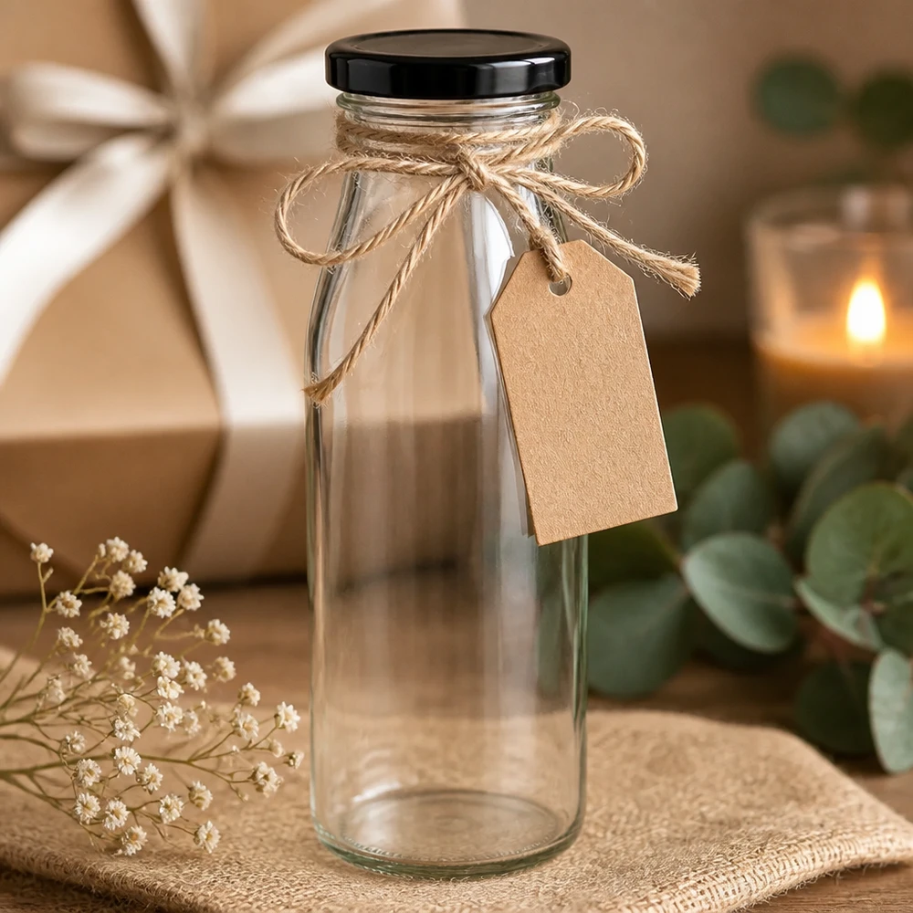 Butelka szklana 500 ml + pokrywka BasicSeal czarna UNiTWIST. Całkowicie szczelna z dużą pokrywką TO48. Do mleka, soków i lemoniady. Szklana butelka o pojemności 500 ml z czarnym wieczkiem, ozdobiona jutowym sznurkiem i rustykalną przywieszką prezentową