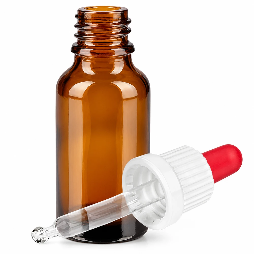 Butelka do leków płynnych 20 ml, biała/czerwona OV BrownLine UT18/20 Butelka z bursztynowego szkła o pojemności 20 ml z nasadką pipety do aplikacji kroplowych i precyzyjnego dozowania.