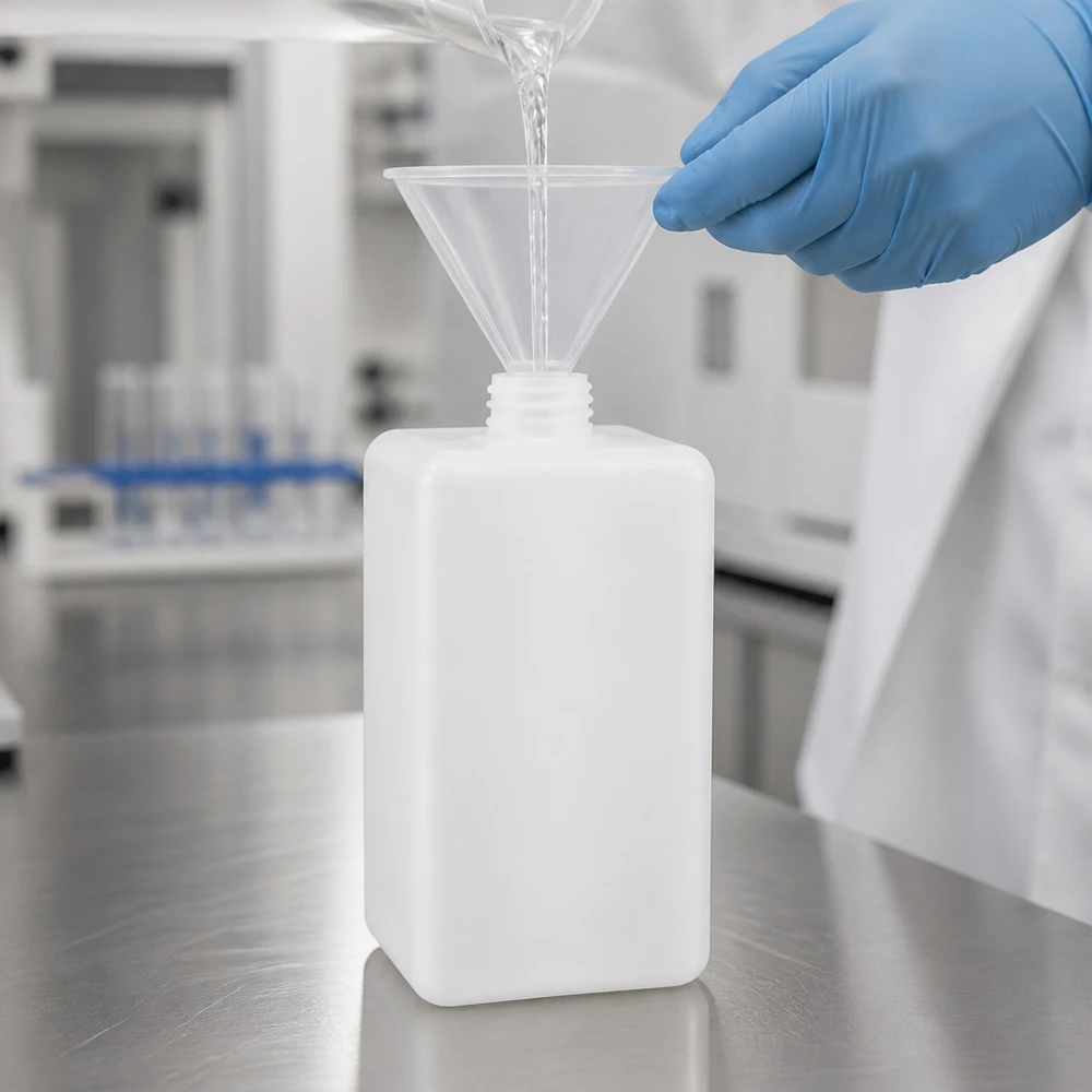Butelka na chemikalia 1500ml, wąska szyjka wykonana z PE-HD, kolor naturalny, GL 32 Przezroczysty płyn jest nalewany przez lejek do butelki na chemikalia z PE-HD o pojemności 1500 ml i szyjce GL 32