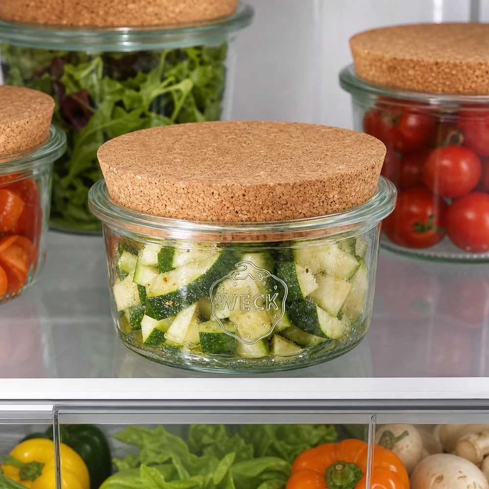 Szklanki 165ml WECK RR80 z korkiem naturalne WECK słoik 165ml RR80 pokrywka korek lodówka warzywa ogórki pomidory sałatka świeże przechowywanie Meal Prep