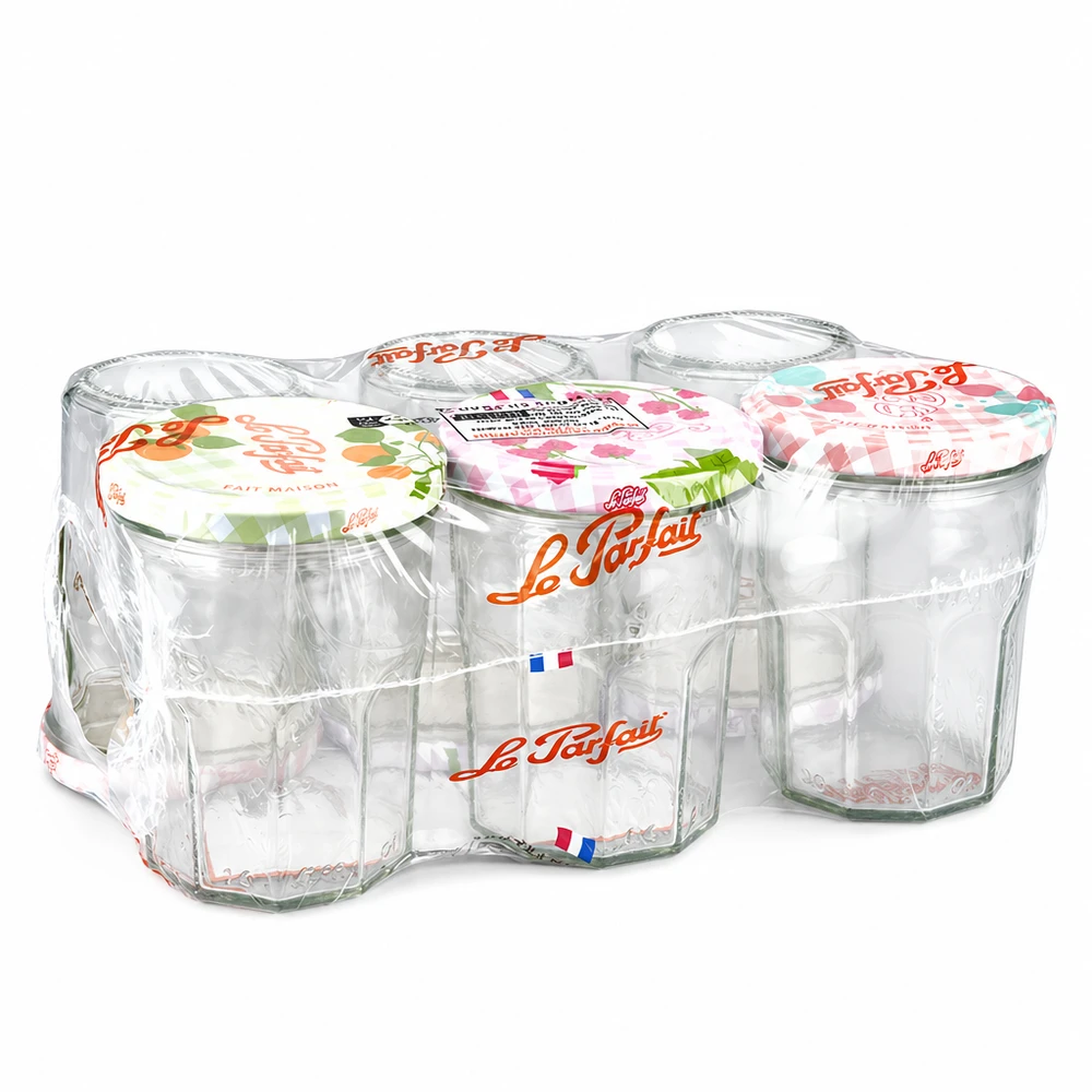 Kubki Le Parfait Jam o pojemności 385 ml w opakowaniu 6 sztuk z kolorowymi zakręcanymi pokrywkami z folią termokurczliwą