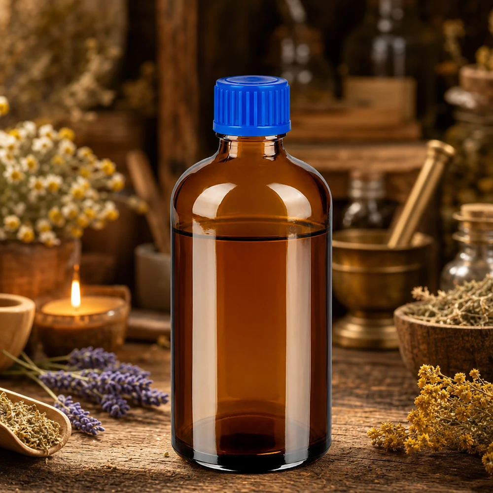 Wysokiej jakości szklana butelka BrownLine 100 ml z ochroną UV i niebieską nakrętką do substancji wrażliwych na światło