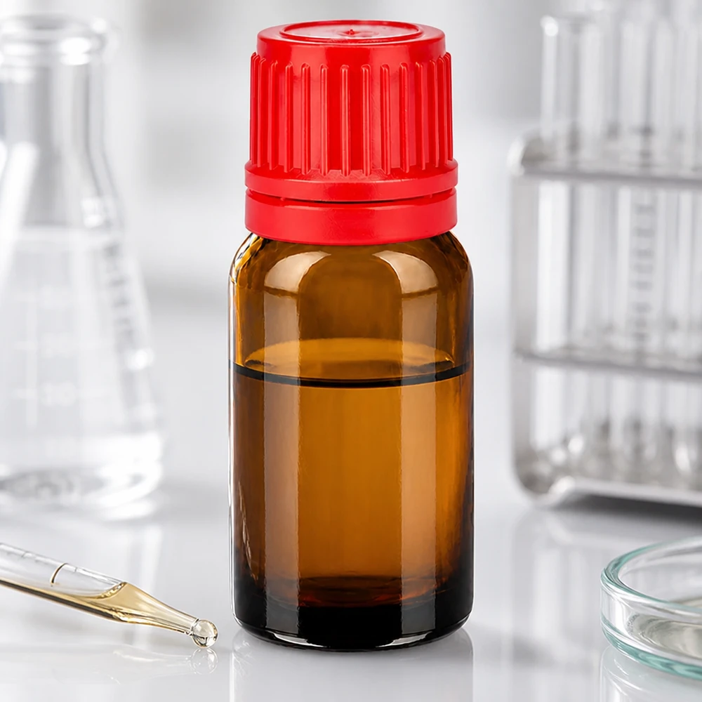 Brązowa butelka laboratoryjna 10 ml z czerwonym zamknięciem zabezpieczającym do zastosowań farmaceutycznych
