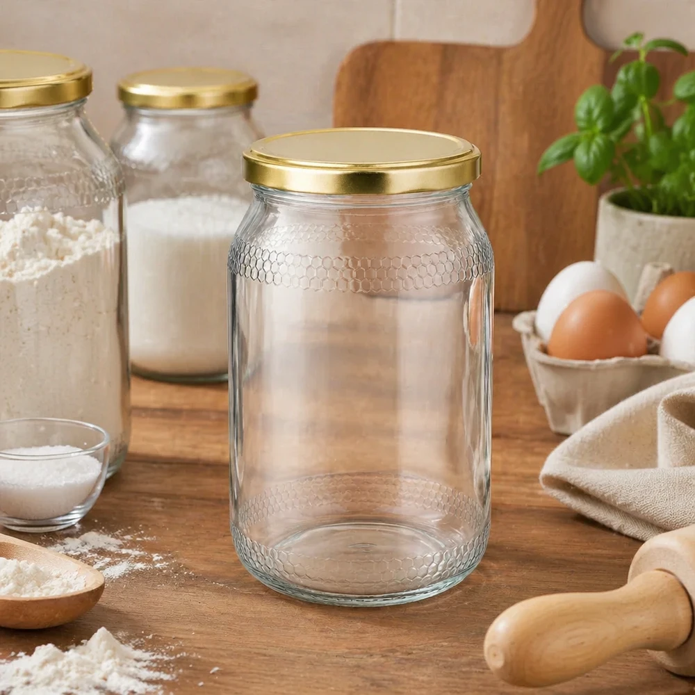 Pusty słoik na miód o pojemności 900 ml ze strukturą plastra miodu i złotą pokrywką w rustykalnej scenerii kuchennej ze składnikami do pieczenia