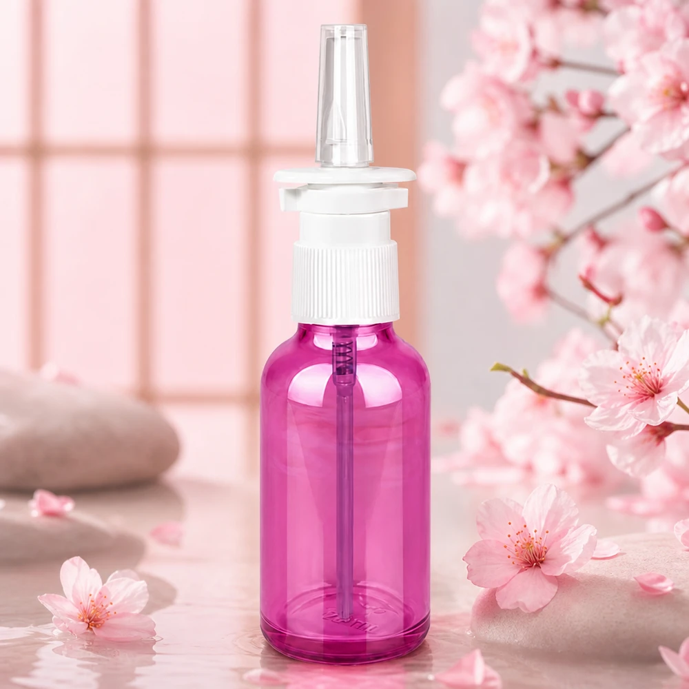 Butelka z rozpylaczem do nosa 30ml biała/przezroczysta standard PurpleLine. UT18/30 Wysokiej jakości butelka z rozpylaczem do nosa 30 ml z gwintem STD w stylowym fioletowym kolorze do produktów farmaceutycznych