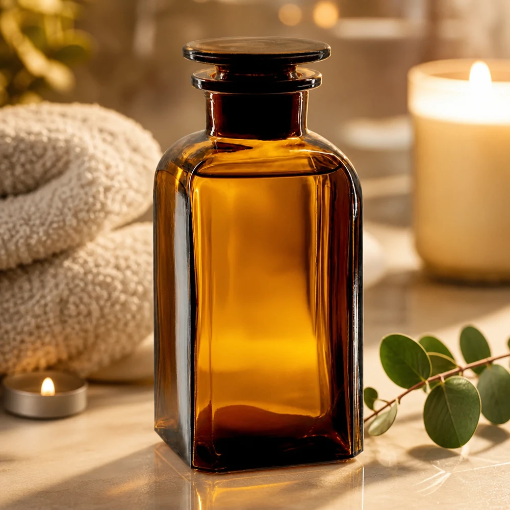 Bursztynowa butelka o przekroju kwadratowym o pojemności 350 ml z szklanym korkiem w relaksującej atmosferze spa przy blasku świec