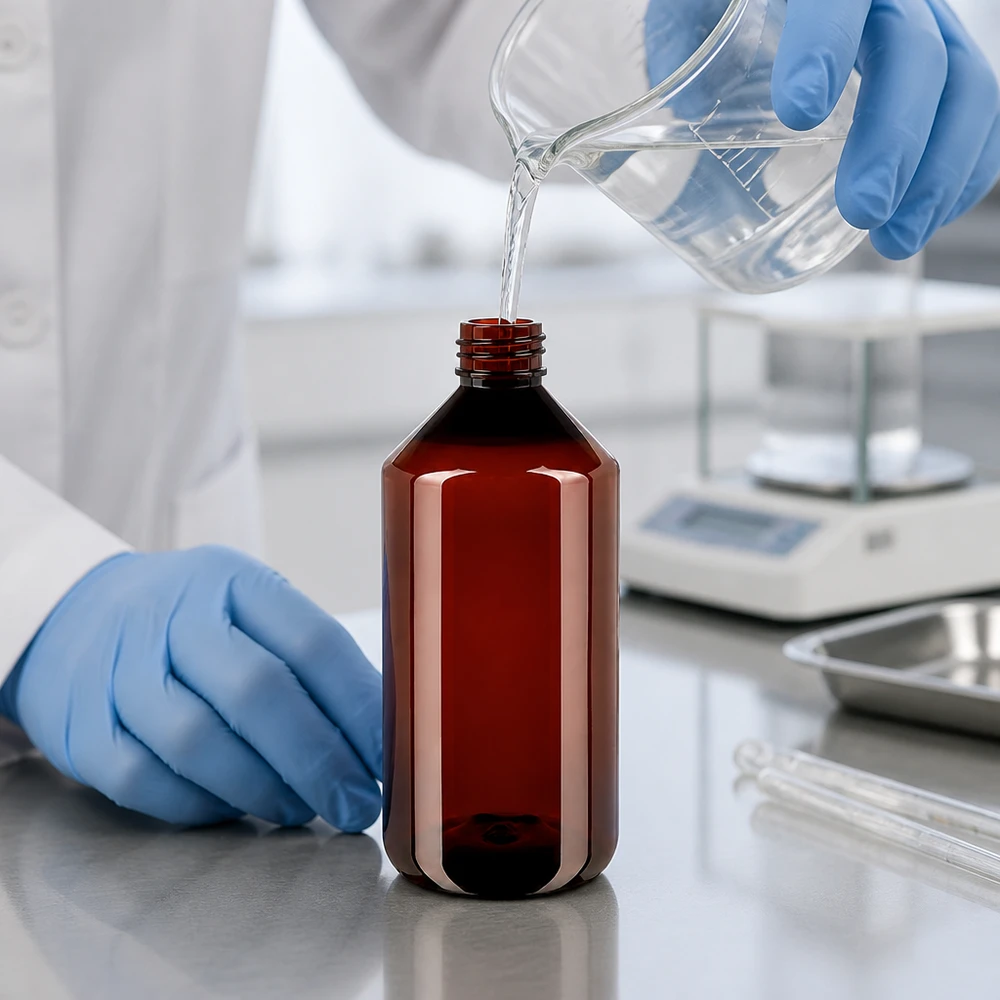 Butelka PET o pojemności 750 ml w kolorze bursztynowym, z oryginalnym zamknięciem, jest napełniana w laboratorium przezroczystym płynem