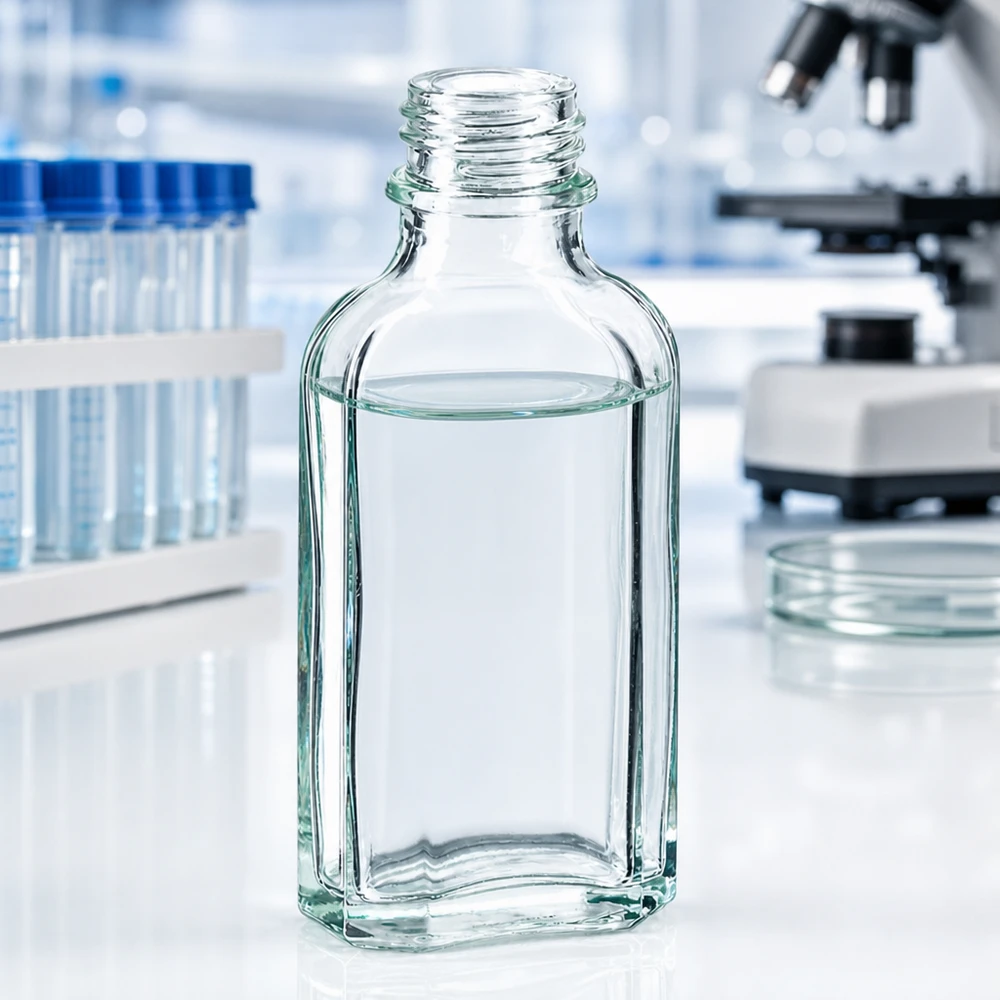 Przezroczysta, prostokątna butelka typu Meplat o pojemności 50 ml, z płaskim korpusem i gwintem DIN 22