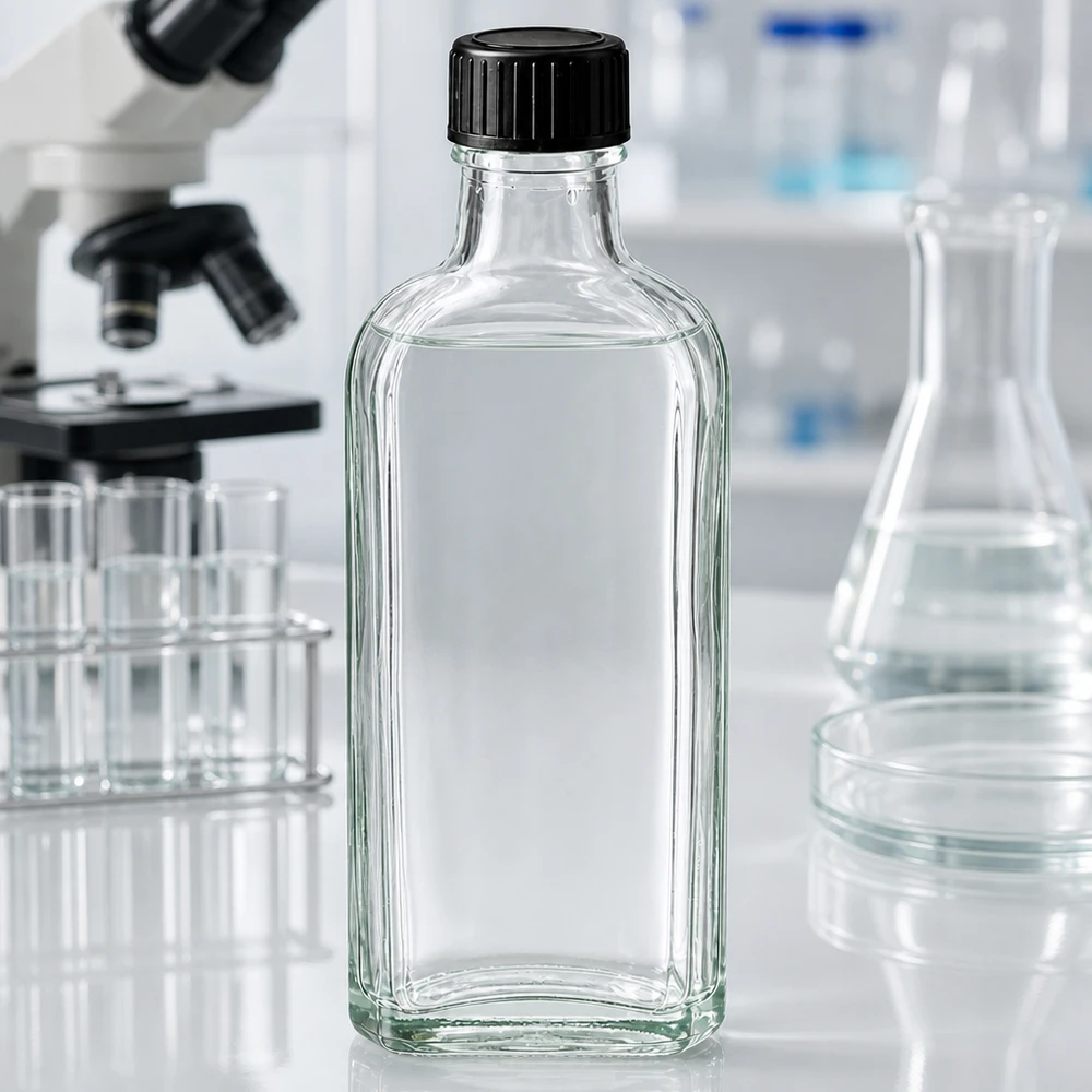 Płaska szklana butelka typu „Meplat” o pojemności 100 ml, przezroczysta, z czarną plastikową nakrętką, przeznaczona do użytku laboratoryjnego