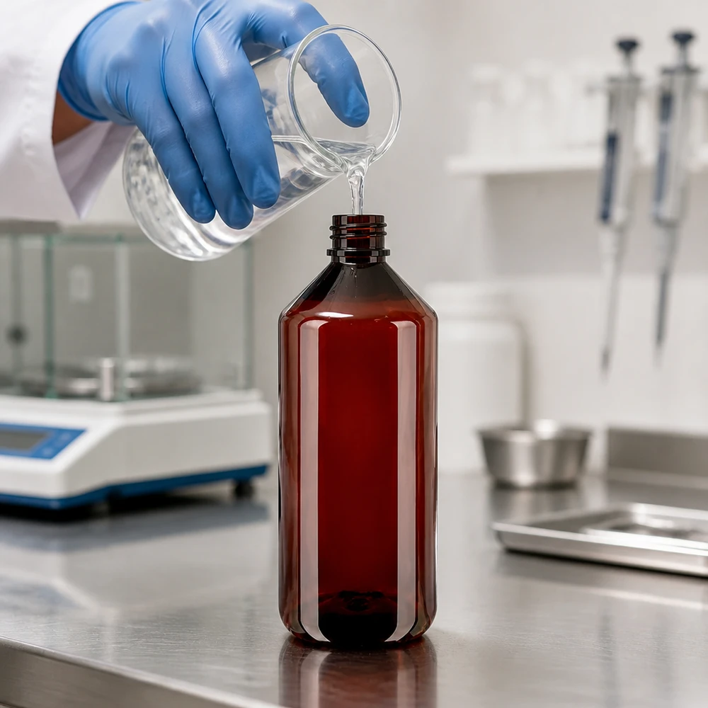 Laborant napełnia brązową butelkę PET o pojemności 1000 ml przezroczystym płynem z zlewki, mając na ręce niebieską rękawiczkę