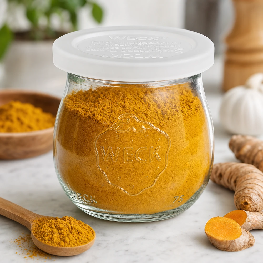 Słoik tulipan o pojemności 75 ml z pokrywką WECK RR40 WECK tulipanowy słoik 75ml RR40 wypełniony kurkumą w proszku obok świeżych korzeni kurkumy i drewnianej łyżki na marmurze